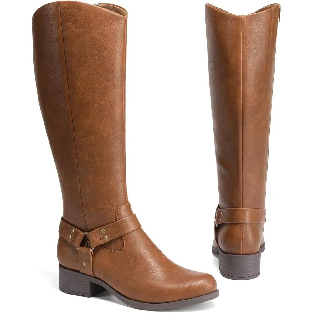 Women Faux Leather Light Brown Comfortable Knee High Side Zipper Buckle Boots